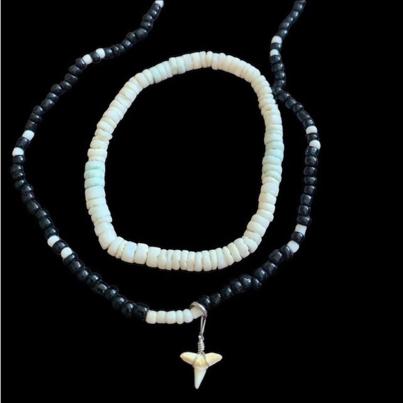 Shark Tooth Necklace & Shell Bracelet Set Beach Surfer Unisex Jewelry - Picture 3 of 8